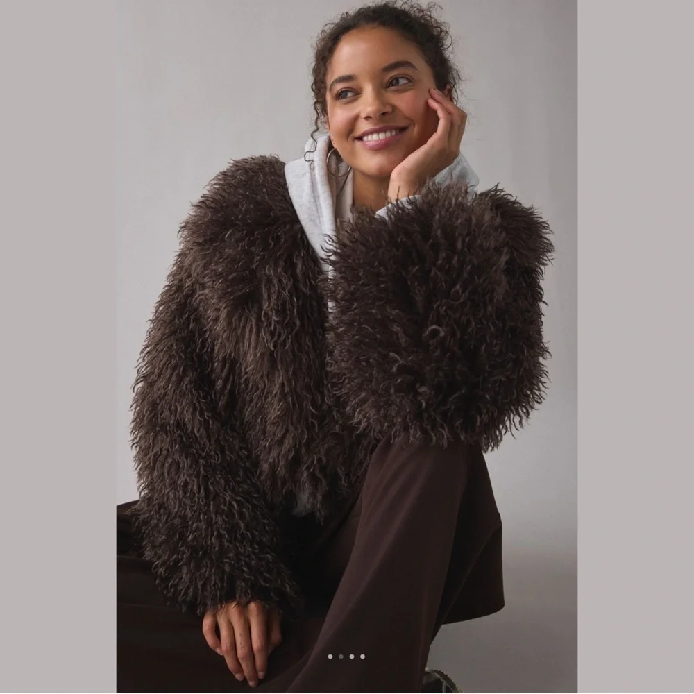 Azalea Wang Ruperta Brown Shaggy Faux Fur Cropped Jacket Size L Oversized